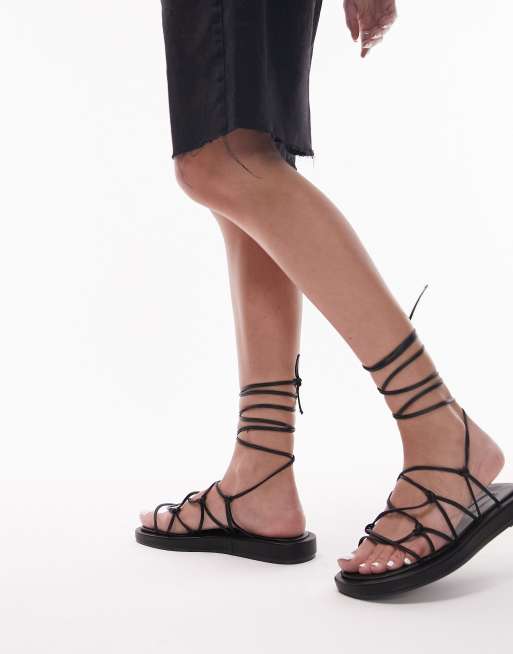 Topshop Gina strappy flat sandals with ankle tie in black