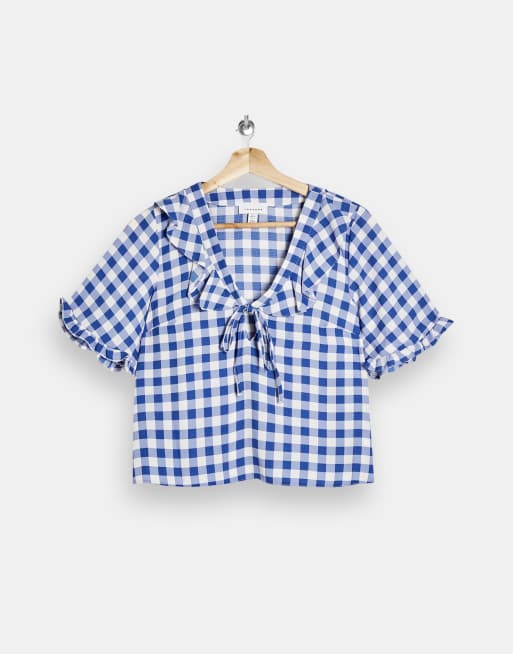 Topshop gingham check ruffle blouse in blue | ASOS