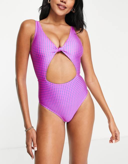 Topshop gingham knot front swimsuit in neon pink