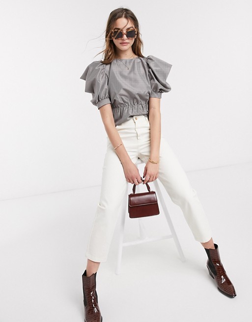 Topshop gingham volume sleeve blouse in mono