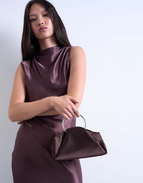 Topshop – Ginny – Chokladbrun handväska med metallhandtag - view 1