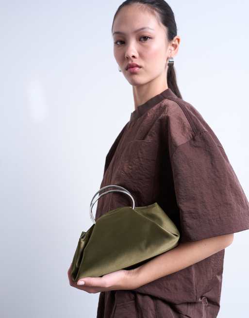 Topshop Ginny metal handle clutch bag in khaki green ASOS