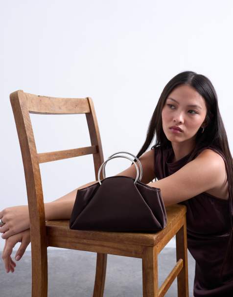 Topshop Ginny metal handle grab bag in chocolate - view 1