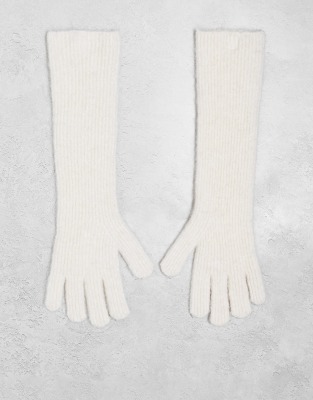 Ginny Premium alpaca mix ribbed knitted gloves in cream-White