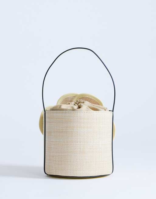 Topshop - Gino - Borsa a mano media in paglia gialla con fiore, 4 di 4