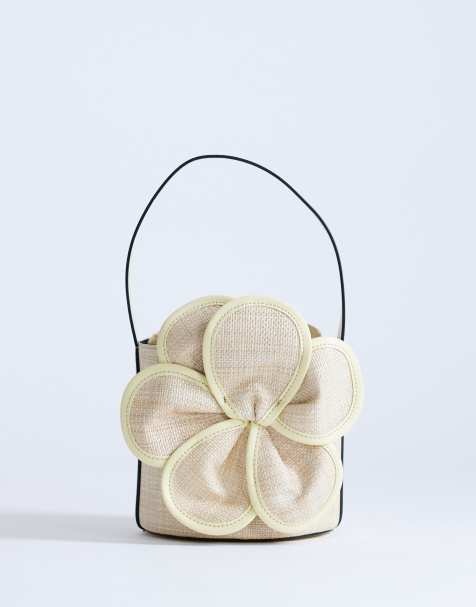 Topshop Gino medium straw flower grab bag in yellow - view 1