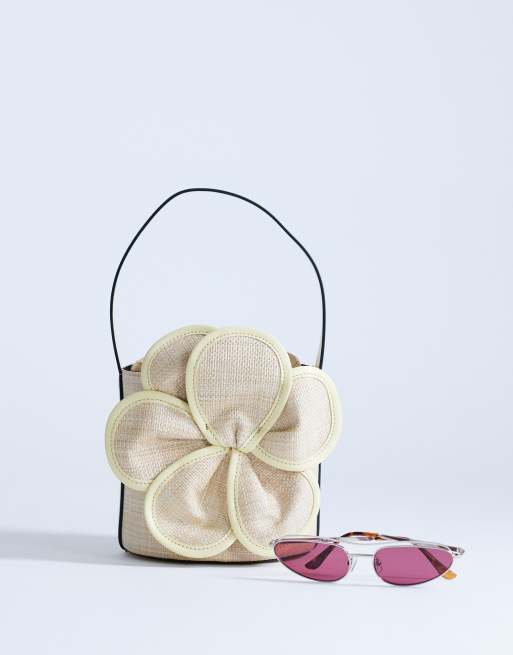 Topshop – Gino – Mittelgroße Handtasche aus Stroh in Gelb mit Blumendetail, 2 von 4