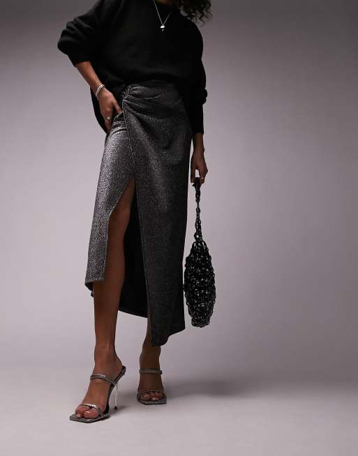 Topshop - Glitter midirok met geknoopte voorkant en split in zilver