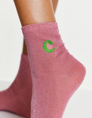 Topshop glitter sock with c motif pink