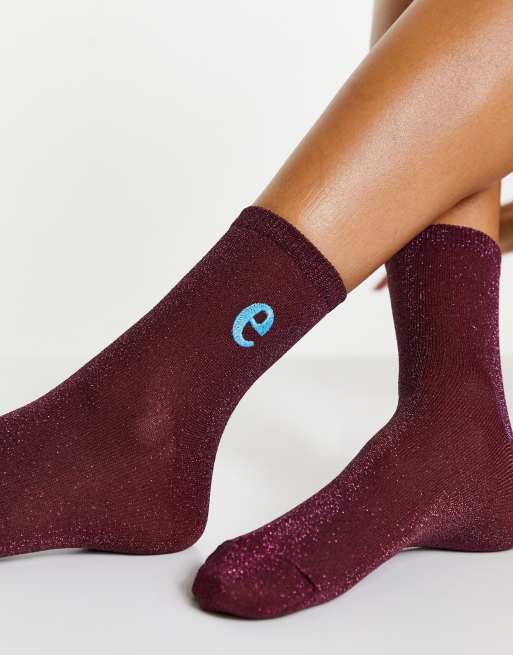 Topshop glitter sock with e motif red