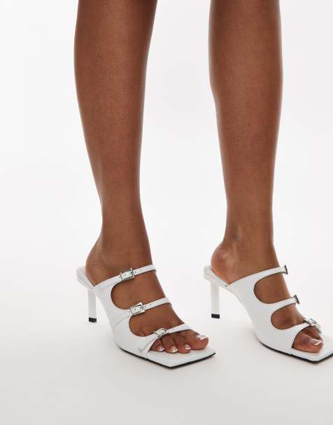 Topshop Gloria premium leather square toe high heeled sandals with buckle detail in white - view 1