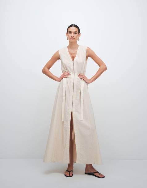Topshop – Gnieciona sukienka maxi w stylu utility z dekoltem w szpic i zamkiem z przodu w kolorze ecru - view 1