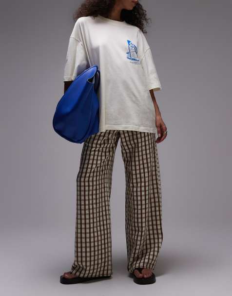 Topshop co ord crinkle check pull on trouser in neutral