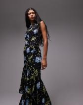 Topshop godet hem occasion midi dress in pink and green floral print