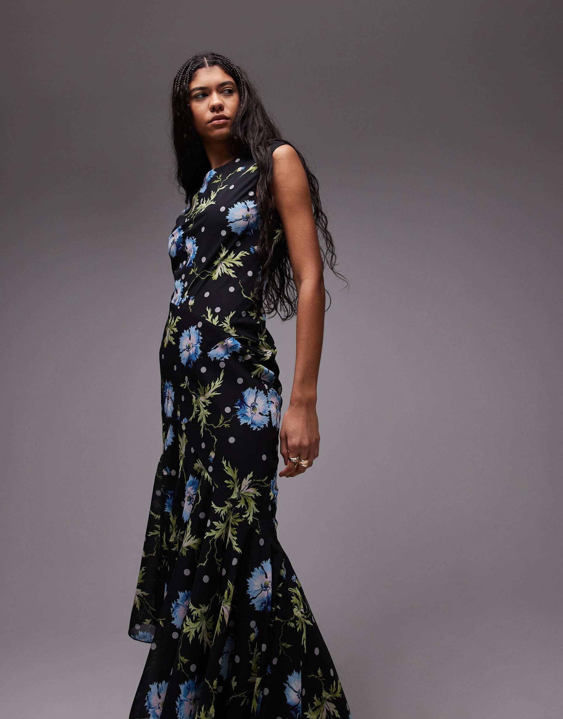 topshop godet hem boutique occasion midi dress in black based winding floral