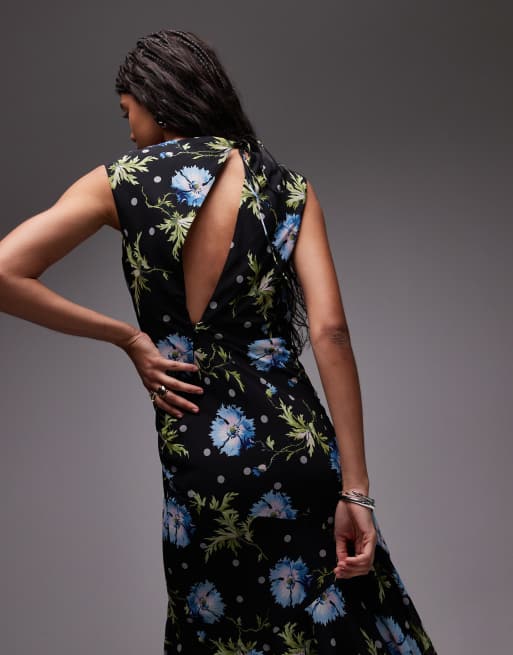 Topshop godet hem boutique occasion midi dress in black based winding floral, 2 of 4