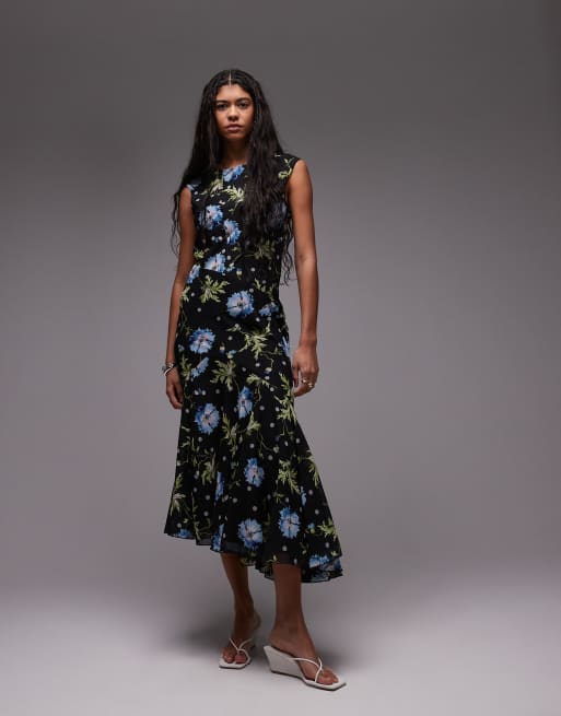 Topshop godet hem boutique occasion midi dress in black based winding floral, 3 of 4