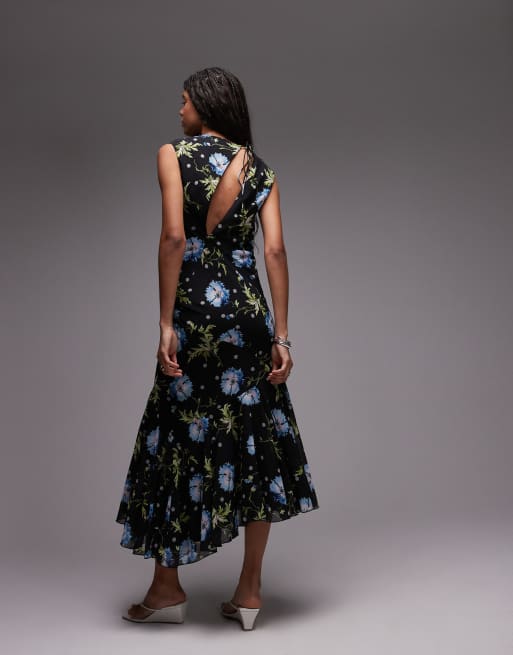 Topshop godet hem boutique occasion midi dress in black based winding floral, 4 of 4
