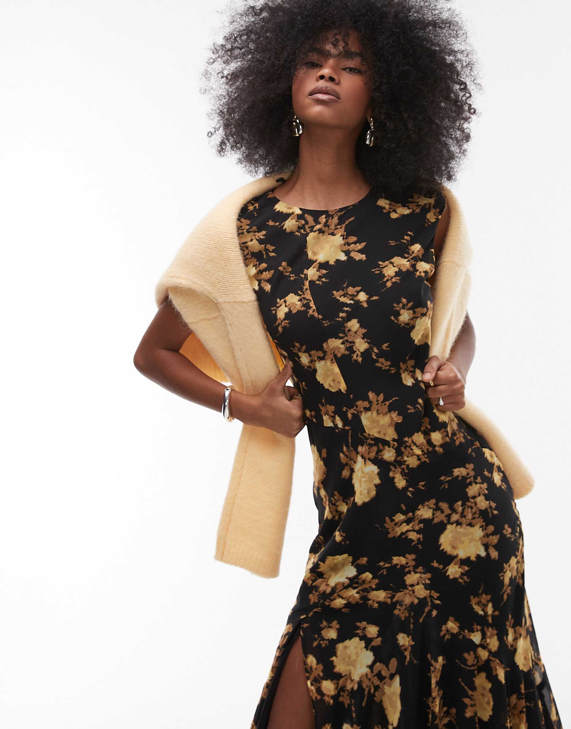 topshop godet hem boutique occasion midi dress in brown floral