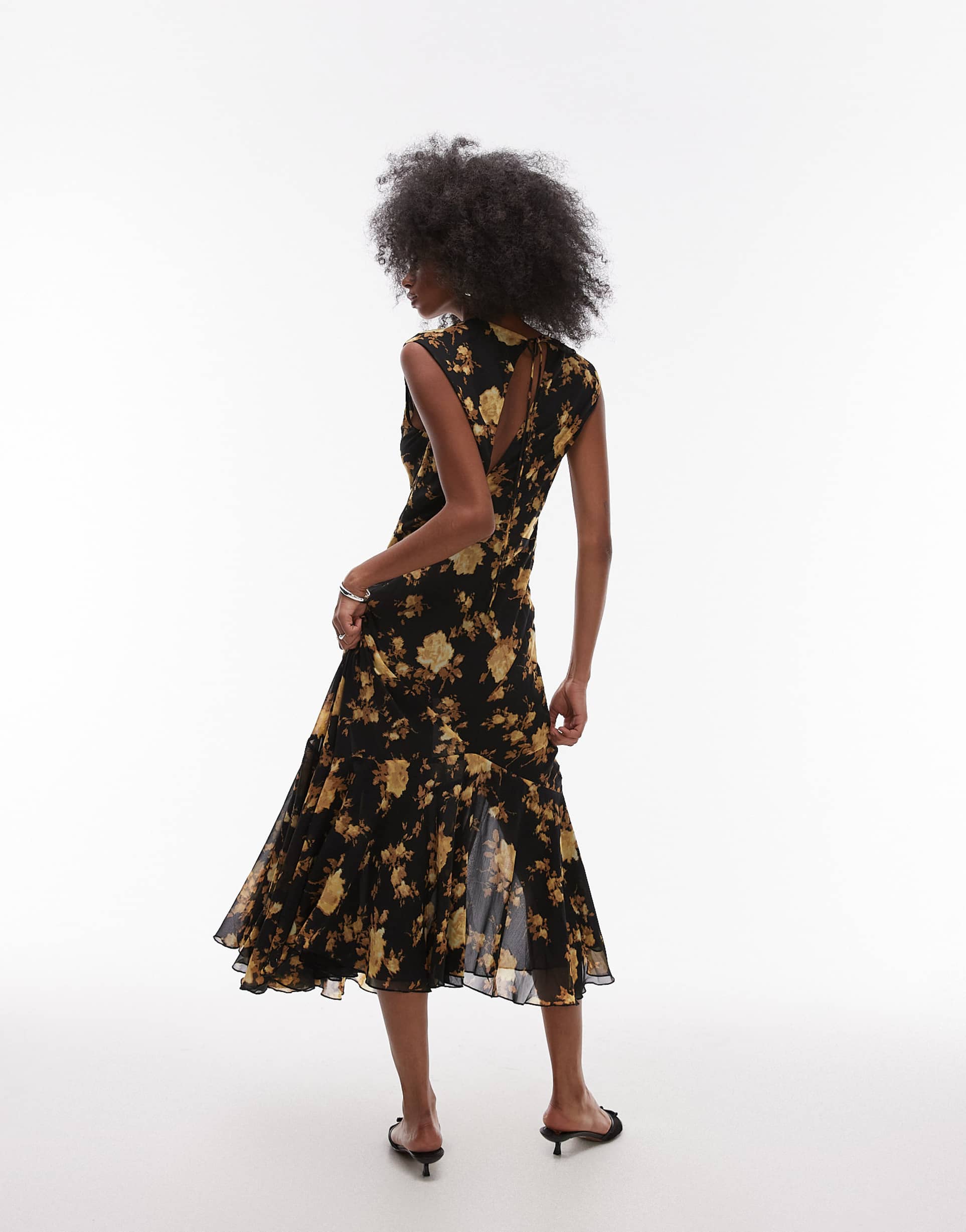 topshop godet hem boutique occasion midi dress in brown floral
