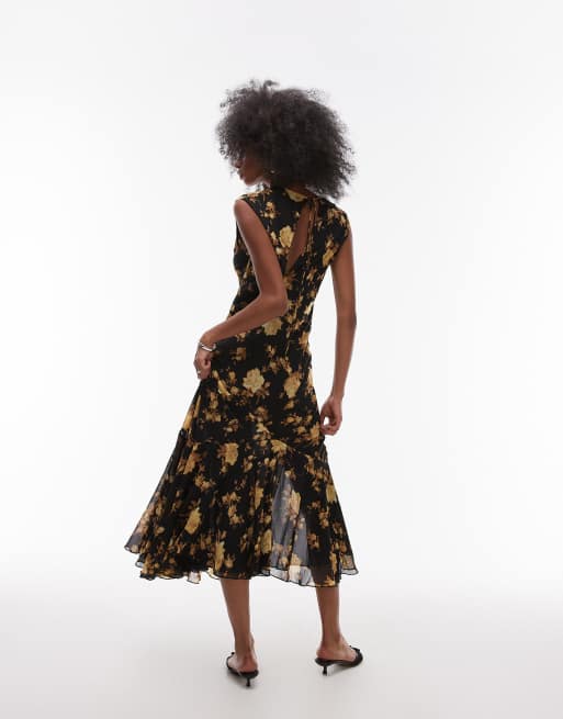 Topshop godet hem boutique occasion midi dress in brown floral, 4 of 4