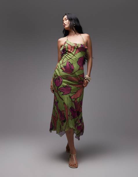Topshop godet hem occasion midi dress in pink and green floral print - view 1