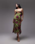 [Topshop] Topshop godet hem occasion midi dress in pink and green floral print-Multi 4 MULTI
