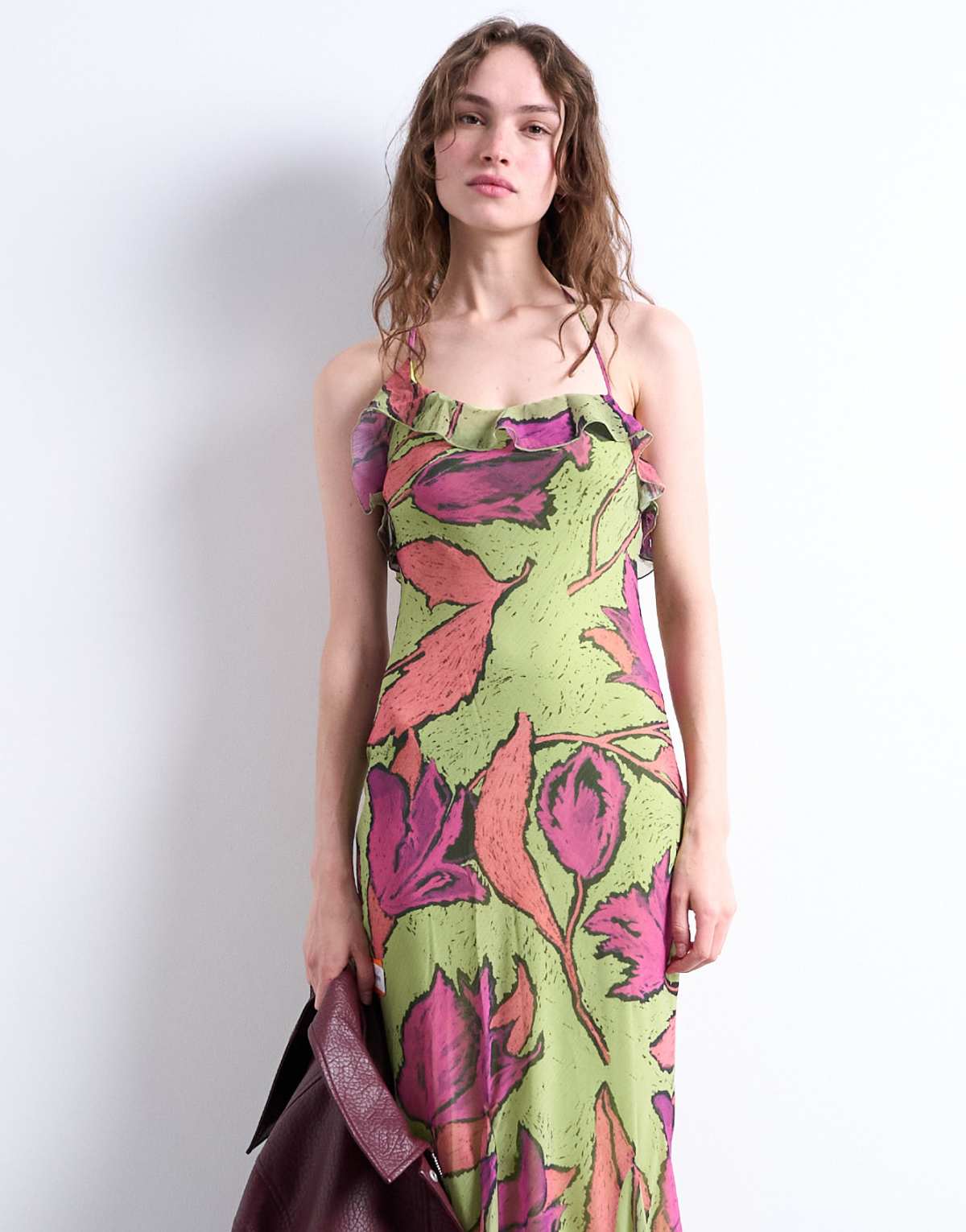 Topshop godet hem occasion midi dress in pink and green floral print