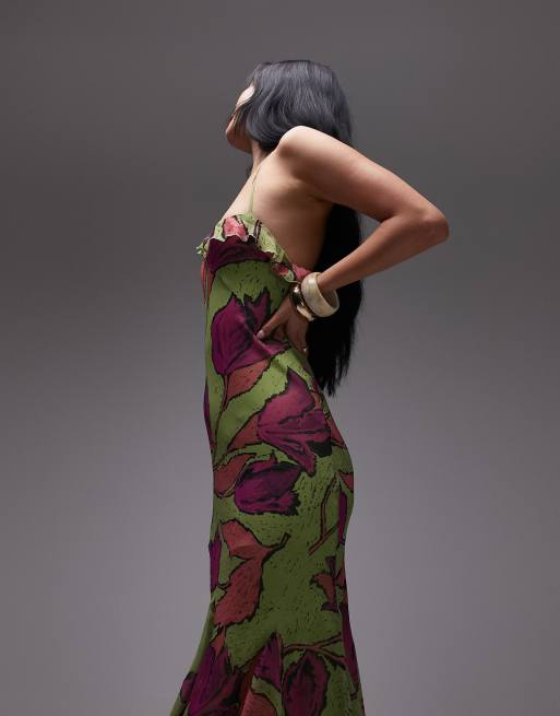 Topshop godet hem occasion midi dress in pink and green floral print