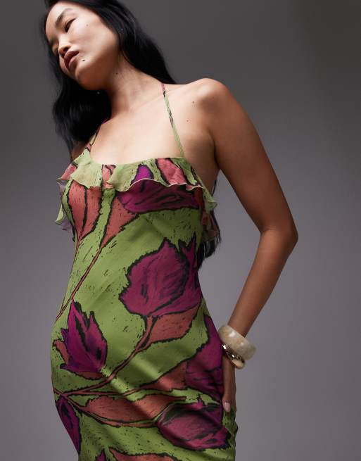Topshop godet hem occasion midi dress in pink and green floral print