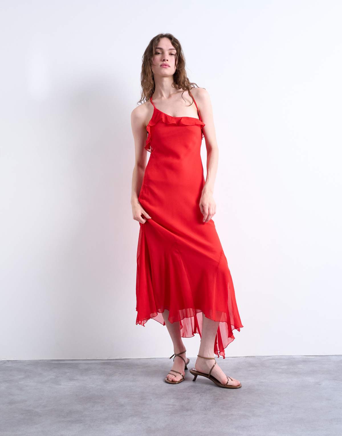 Topshop godet hem occasion midi dress in red chiffon
