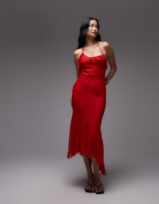 Topshop godet hem occasion midi dress in red chiffon