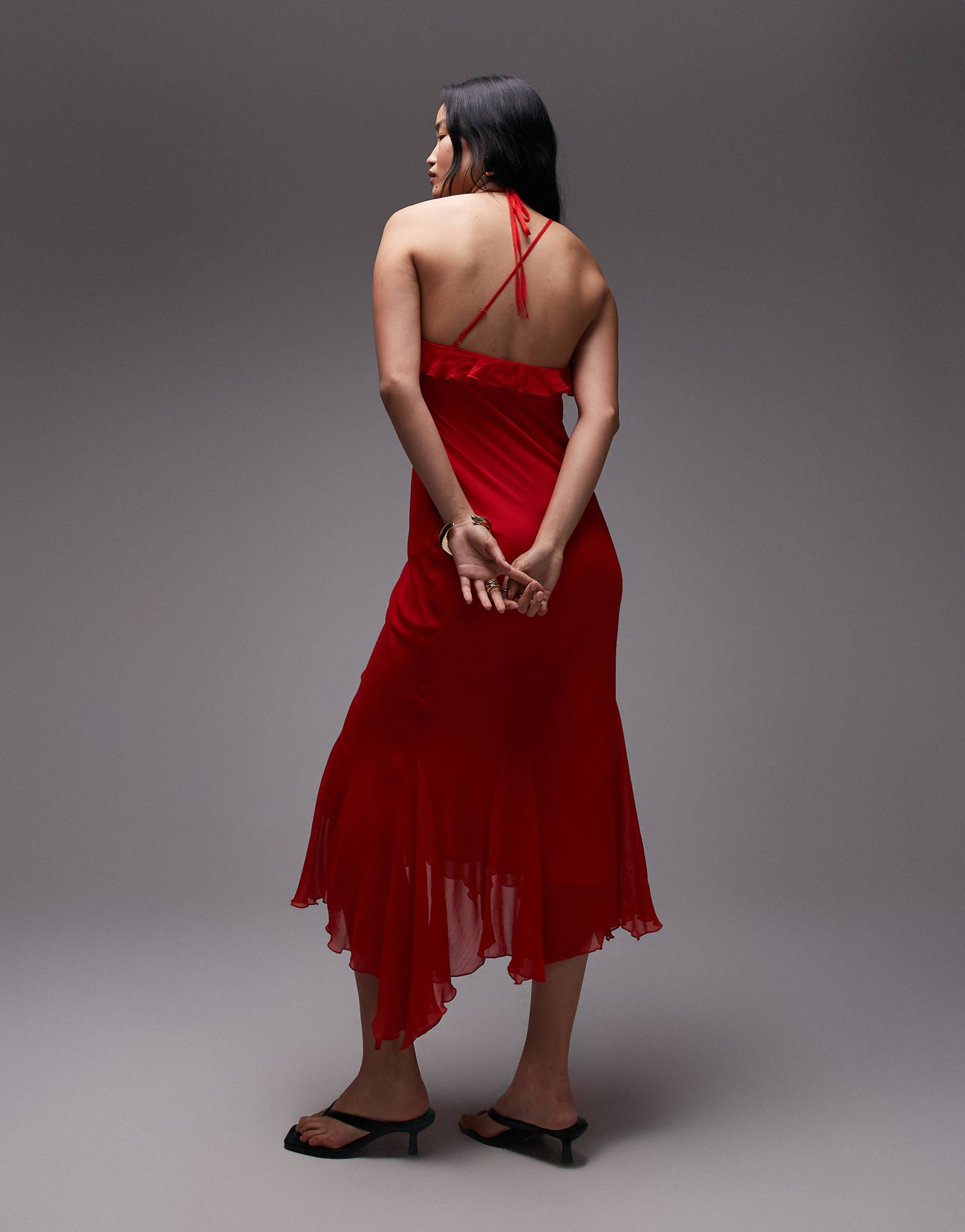 topshop godet hem occasion midi dress in red chiffon