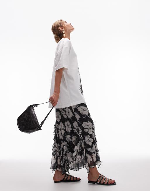 Topshop – Godet-Rock mit schwarz-weiß skizziertem Vintage-Blumenmuster