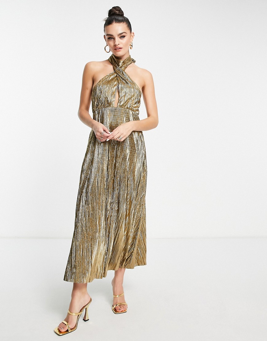 Topshop gold plisse cut out halter midi dress