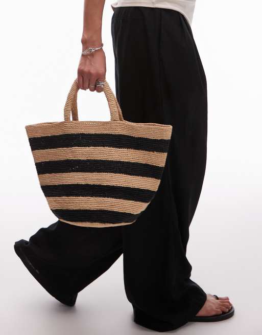 Topshop Goldie stripe straw bag in black stripe, 3 of 4