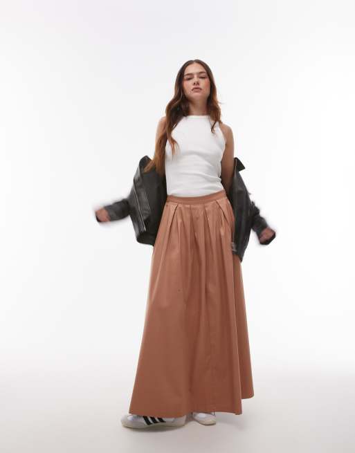 Topshop - Gonna a ruota ampia in cotone color cammello