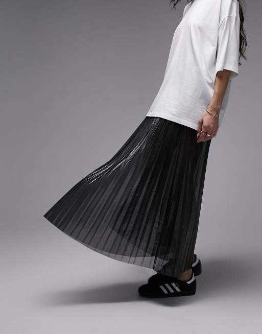 Topshop - Gonna al polpaccio argento metallizzata a pieghe trasparente