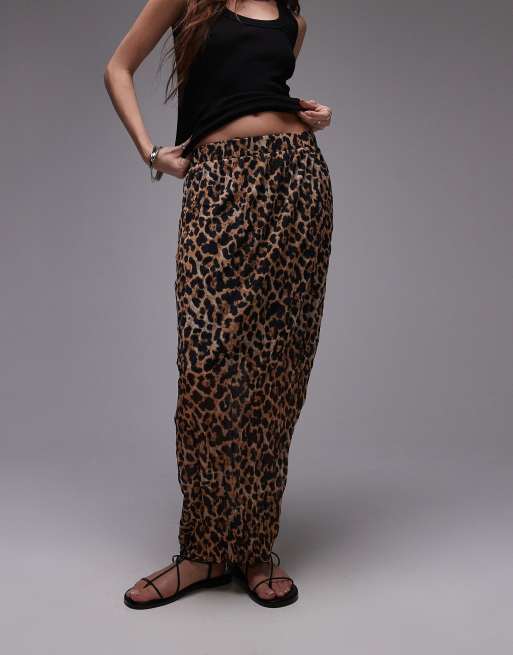 Topshop - Gonna al polpaccio in jersey leopardato stropicciato