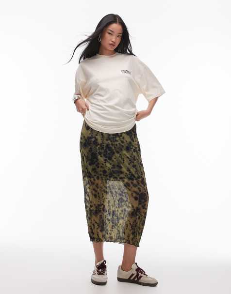 Topshop - Gonna al polpaccio in jersey stropicciato verde con stampa a macchie - view 1