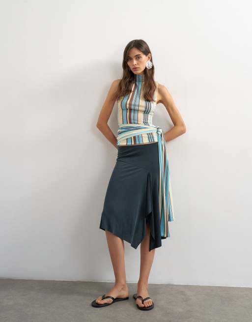 Topshop - Gonna asimmetrica in cupro color ardesia