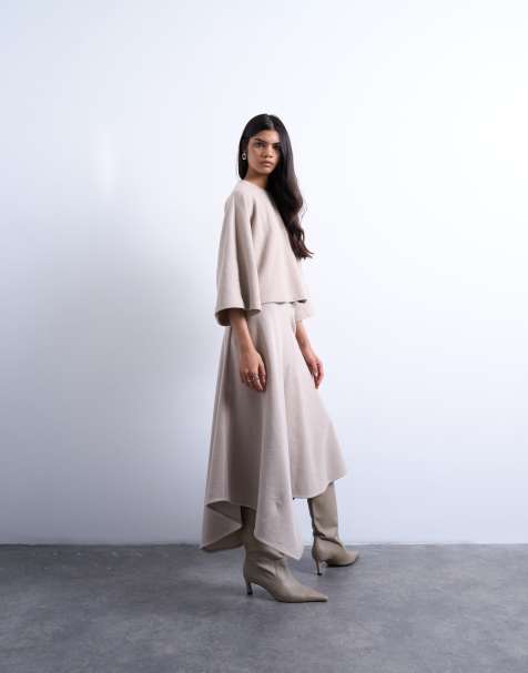 Topshop - Gonna asimmetrica morbida al tatto color tortora con fondo a punta in coordinato - view 1