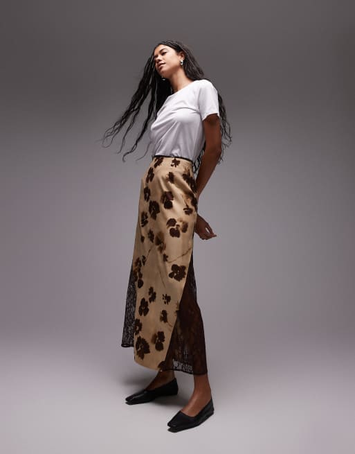 Topshop - Gonna color latticello con stampa a fiori marroni, orlo a fazzoletto e pannello a contrasto