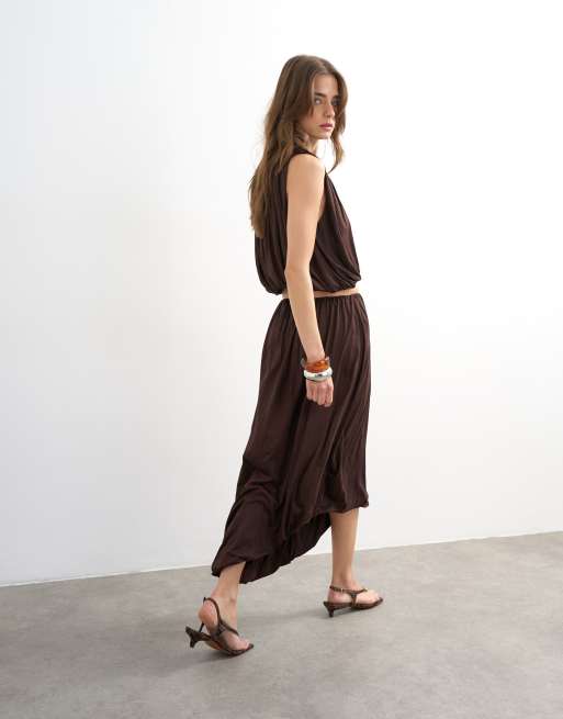 Topshop - Gonna drappeggiata a palloncino color cioccolato, 2 di 5