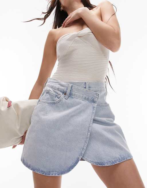 Topshop - Gonna in denim a portafoglio lavaggio candeggiato