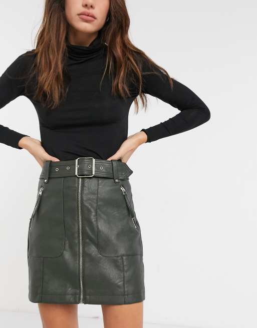Topshop - Gonna in pelle sintetica verde oliva, 4 di 4
