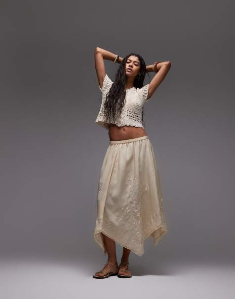Topshop - Gonna in raso con fondo a punta color avorio ricamato - view 1