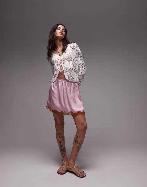 Topshop - Gonna in raso rosa con pizzo a contrasto - view 1