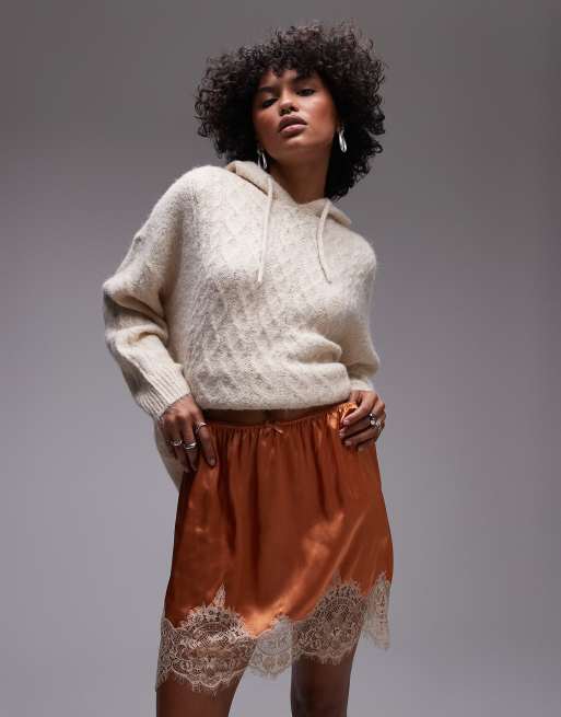 Topshop - Gonna in raso ruggine con pizzo color tè