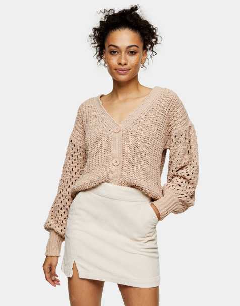 Topshop - Gonna in velluto a coste con spacco, color écru - view 1